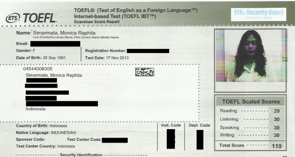 hasil scan TOEFL IBT gue...plis banget fotonya pas tes dan pake webcam, gue gak tau fotonya pas tes, makanya muka bantal banget di situ haha